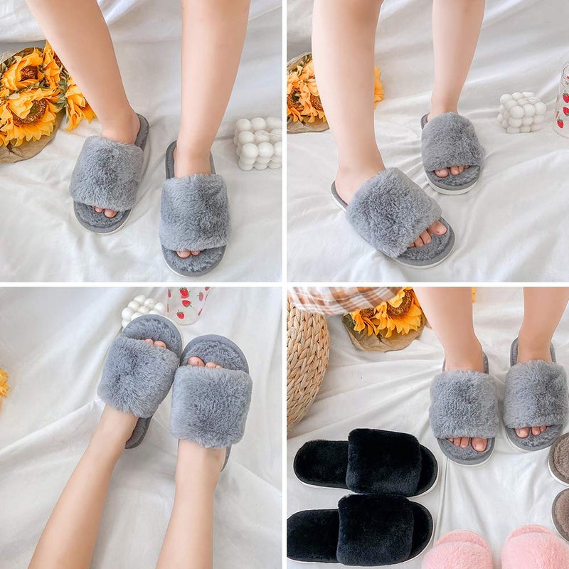 techcity Boys Girls Fuzzy House Slippers Cute Comfy Faux Fur Slip On Fluffy Plush Open Toe Home Slides for Kids Indoor Outdoor Warm Shoes (Grey, numeric_13_point_5) - Image 2